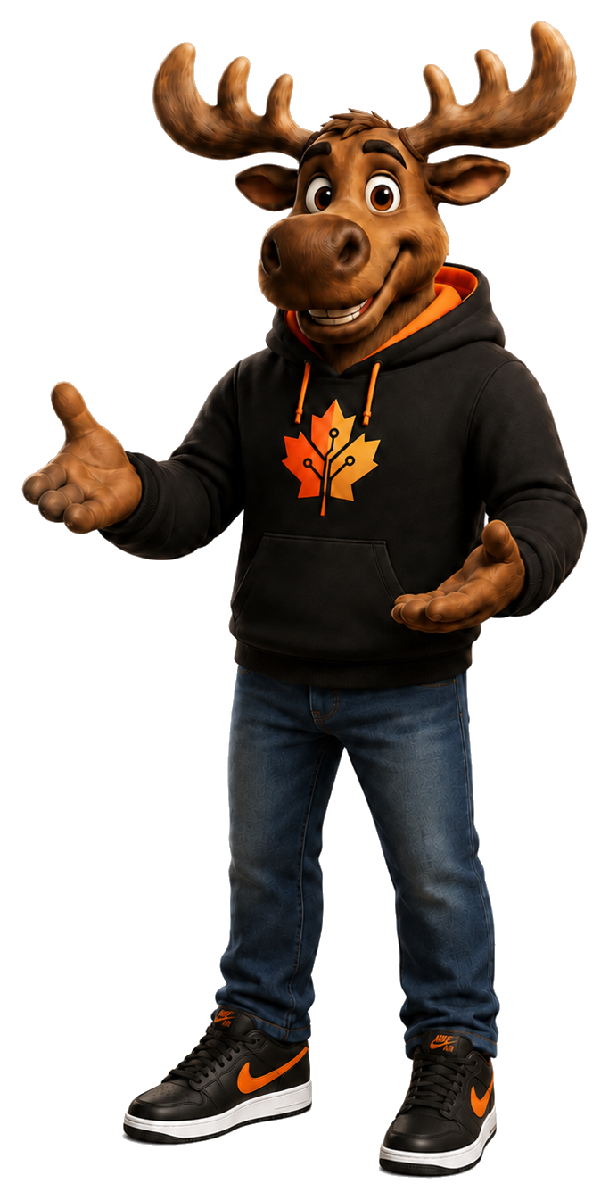 Maple Tech Solutions moose mascot in hoodie and Nike-style sneakers
